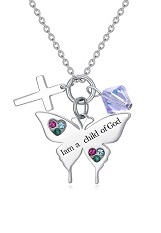  nice silver light purple butterfly cross baby birthstone necklace